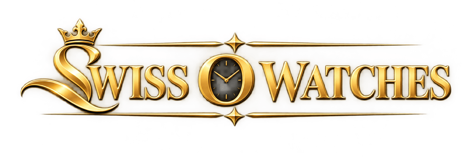 Swiss O Watches premium gold logo with crown and luxury watch emblem on a black background