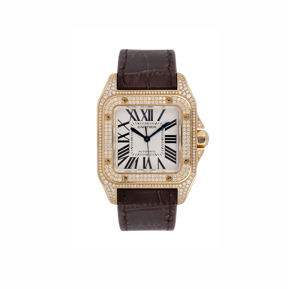 Cartier Santos 100 Diamond Swiss ETA Valjoux 7750 Rose Gold Watch