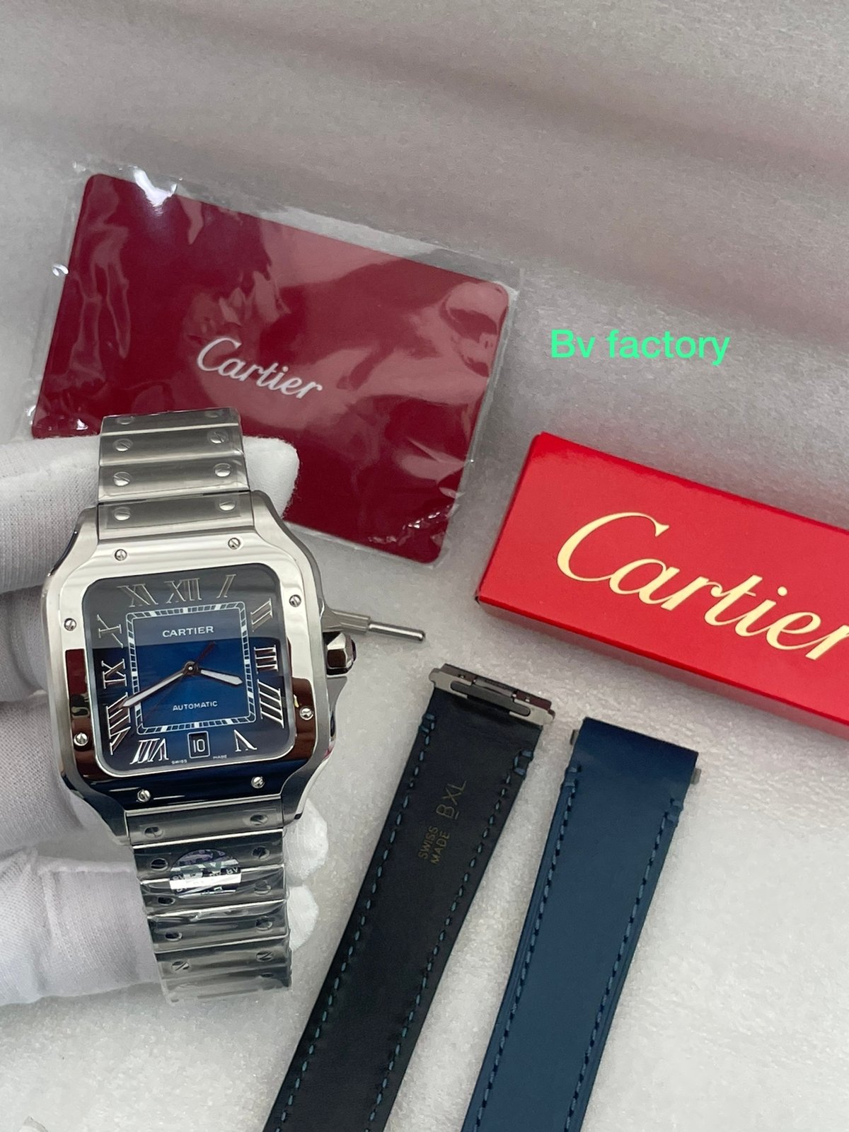 Cartier Santos De Stainless Steel Blue Dial Swiss ETA Automatic Movement Men's Watch.