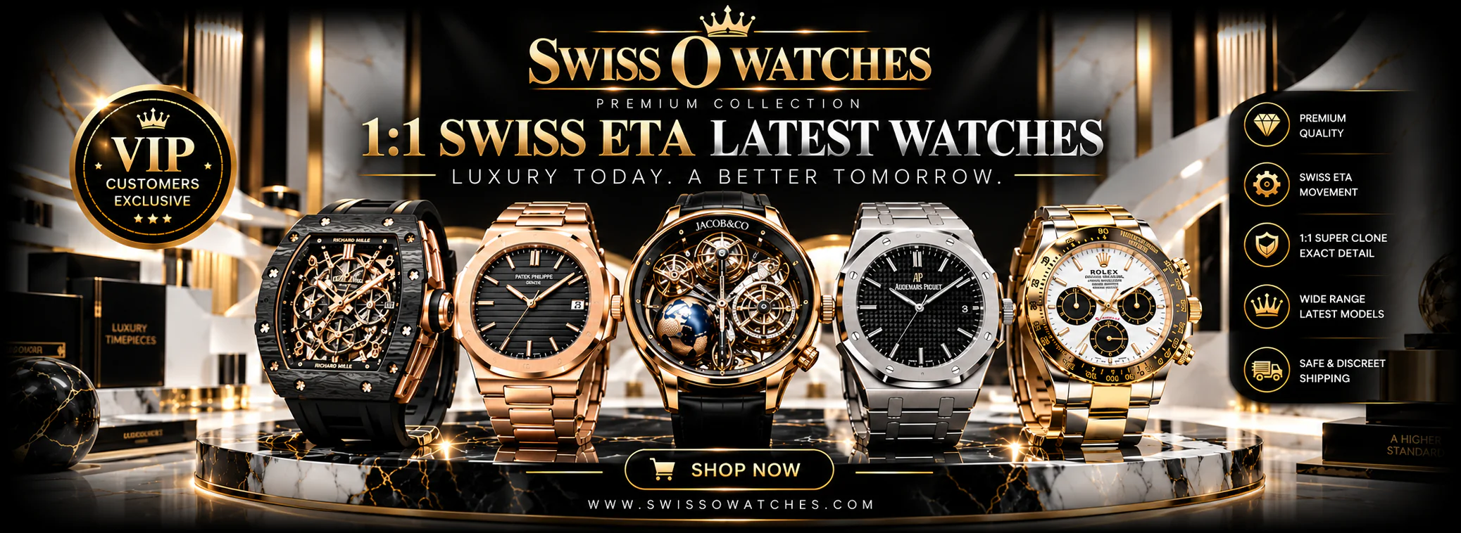 Swiss O Watches premium black, white and gold luxury watch hero banner featuring Swiss ETA luxury-style watches on a marble showroom display.